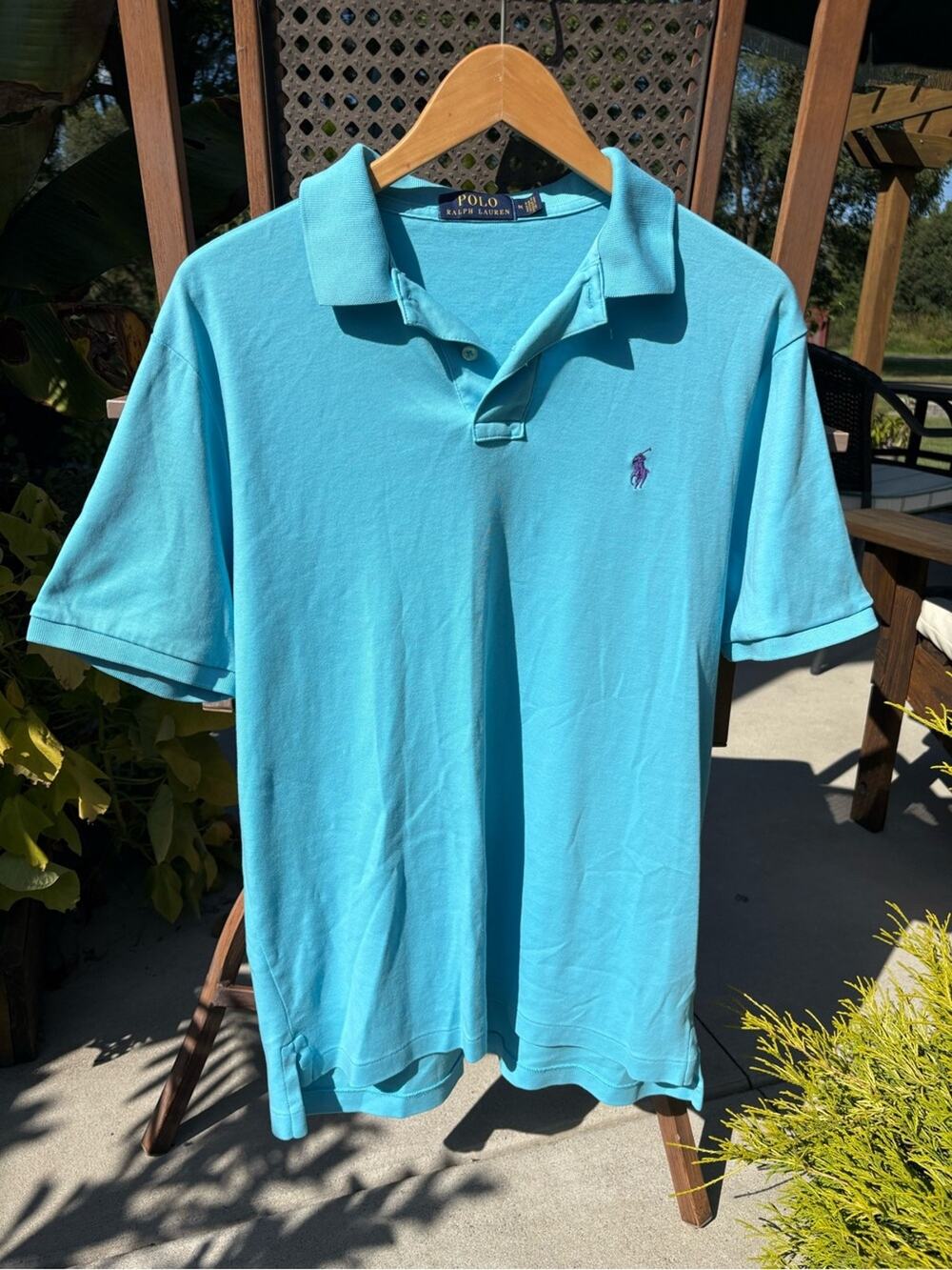 Ralph Lauren Men’s Cotton SkyBlue Polo Shirt with Purple Embroidered Pony-medium